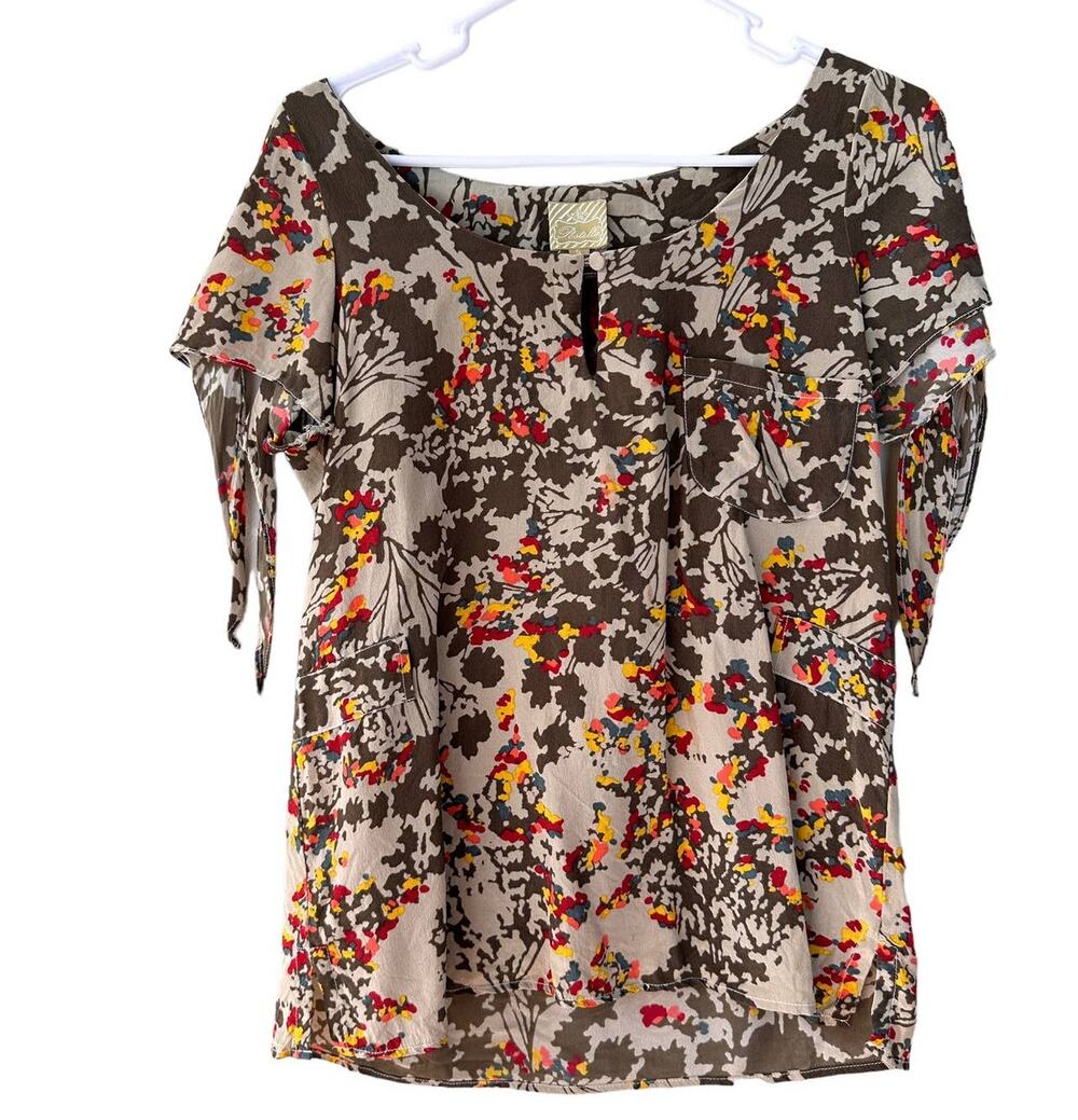 Anthropologie Postella Sz S 100% Silk Brown Beige Floral Short Sleeve Blouse Top